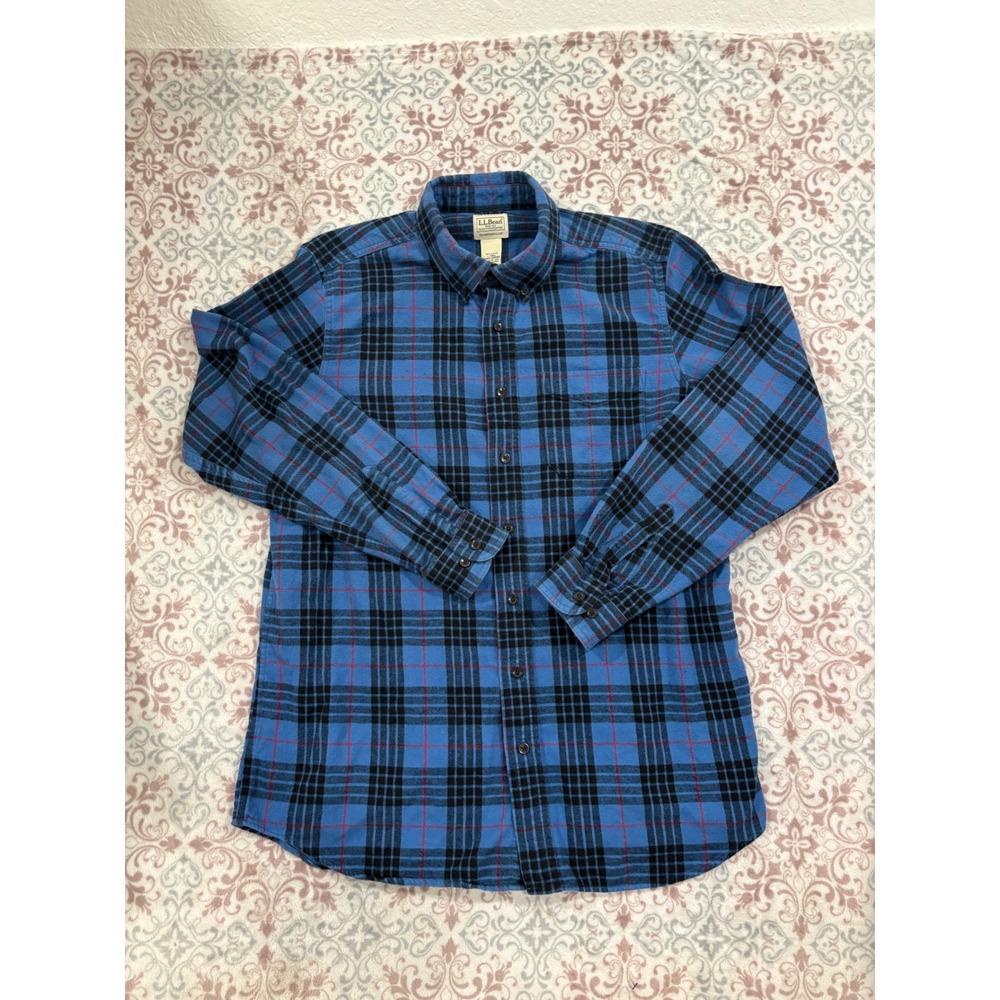 LL Bean Mens Traditional Fit Plaid Flannel Shirt Blue Black Red L-Tall 228066